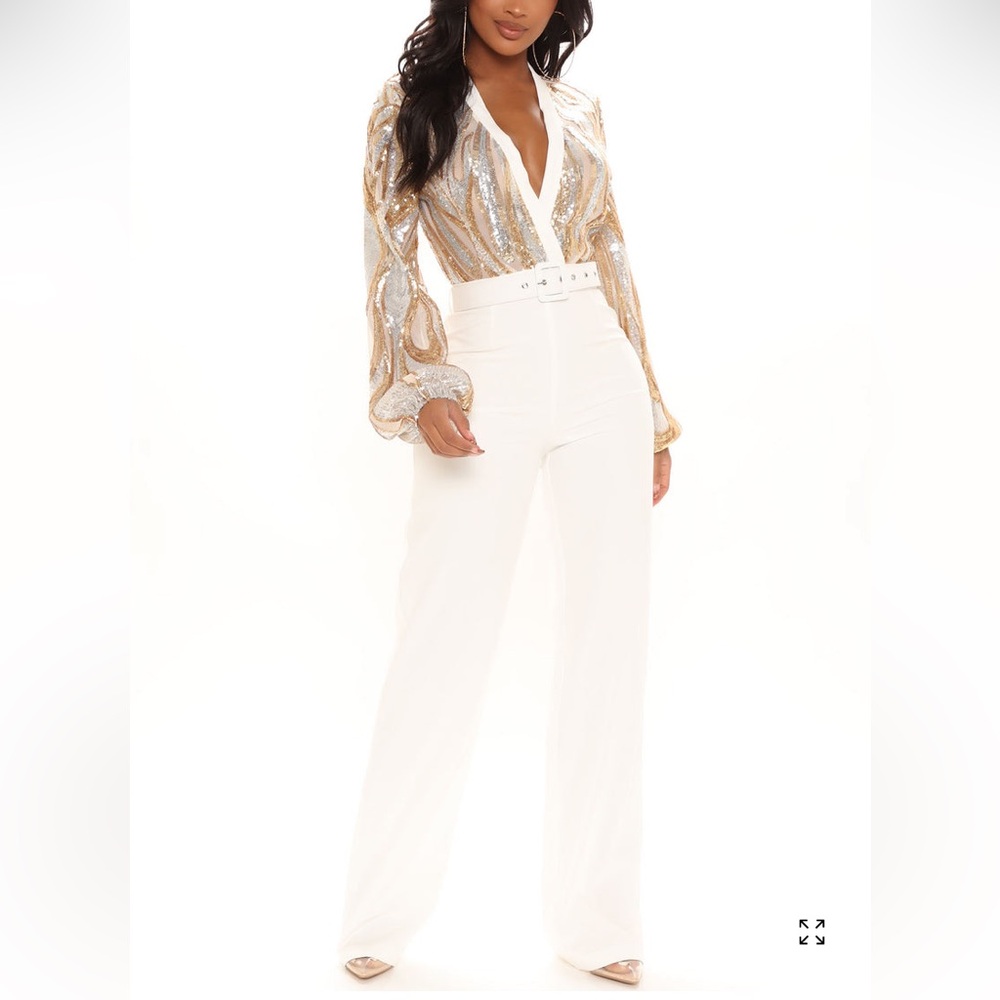 NWOT Fashion Nova White Wide-Leg Belted Jumpsuit with Metallic Detail